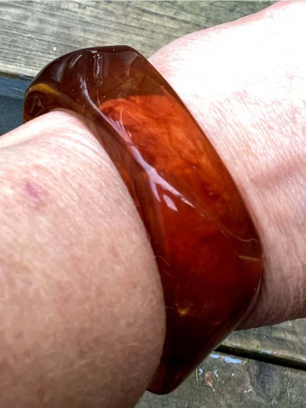 Chunky Marbled Root Beer Lucite Bangle Bracelet Squared Transparent Size M